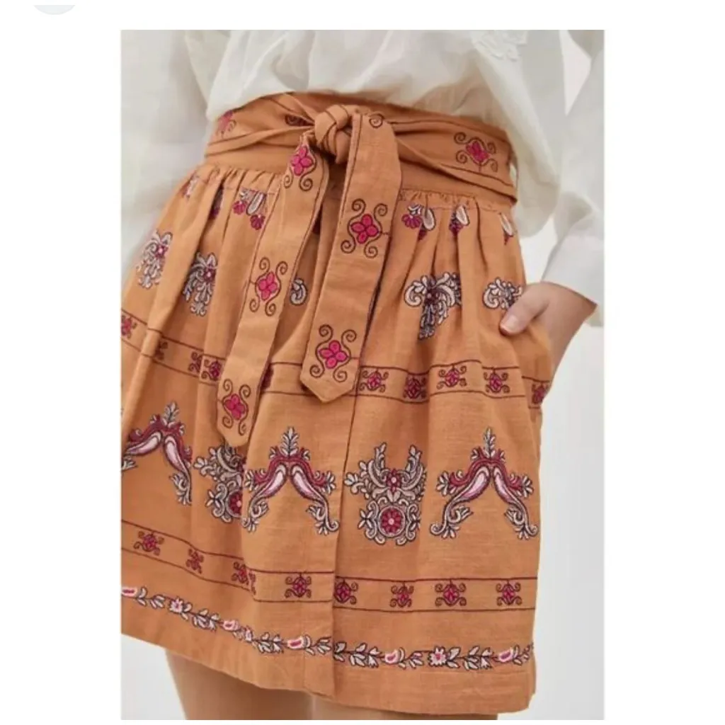 Anthropologie Embroidered Mini Skirt Brown Pink US 10 - Image 2
