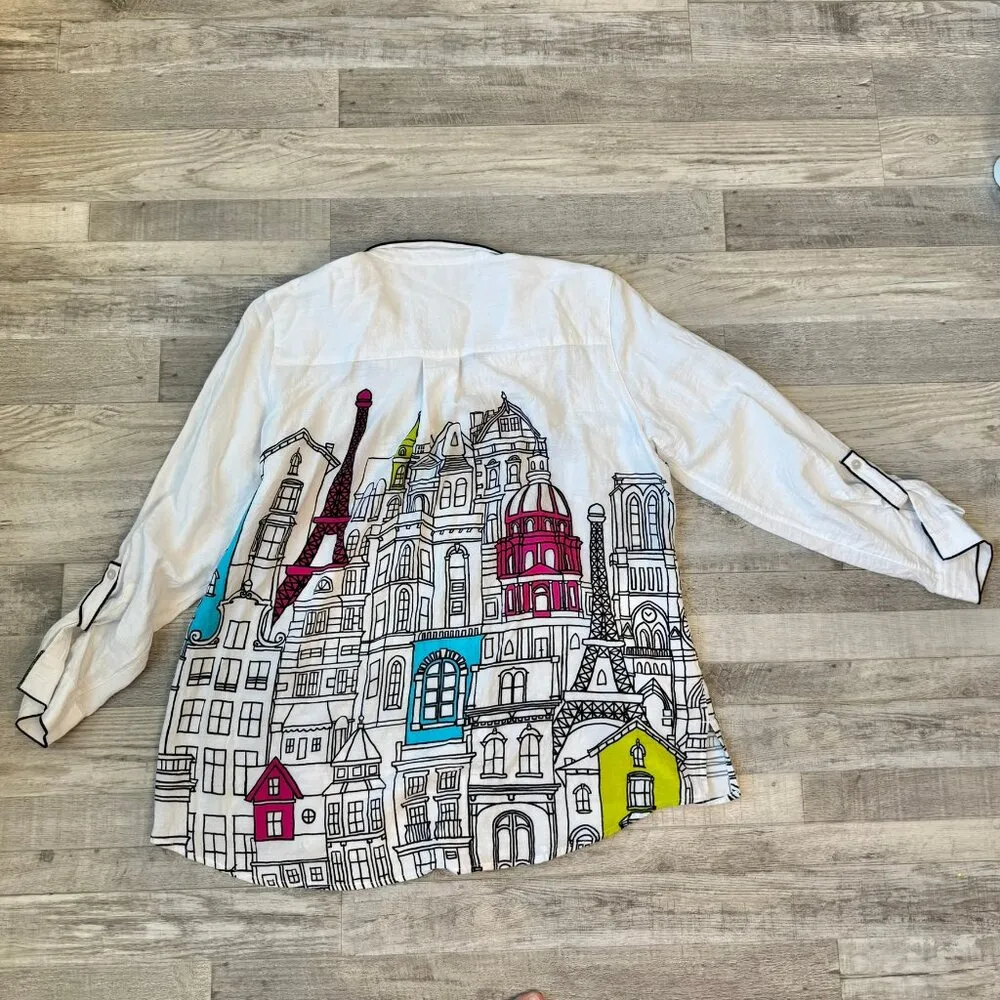 John Mark  Eiffel Tower City Scene button down top size large L37 - Image 5