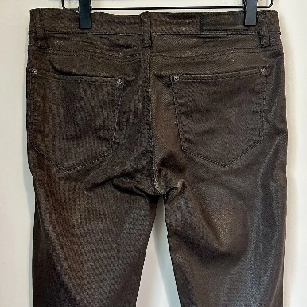 AllSaints Spitalfields Chocolate Brown Wax Coated Zipper Skinny Jeans - Size 27 - Image 7
