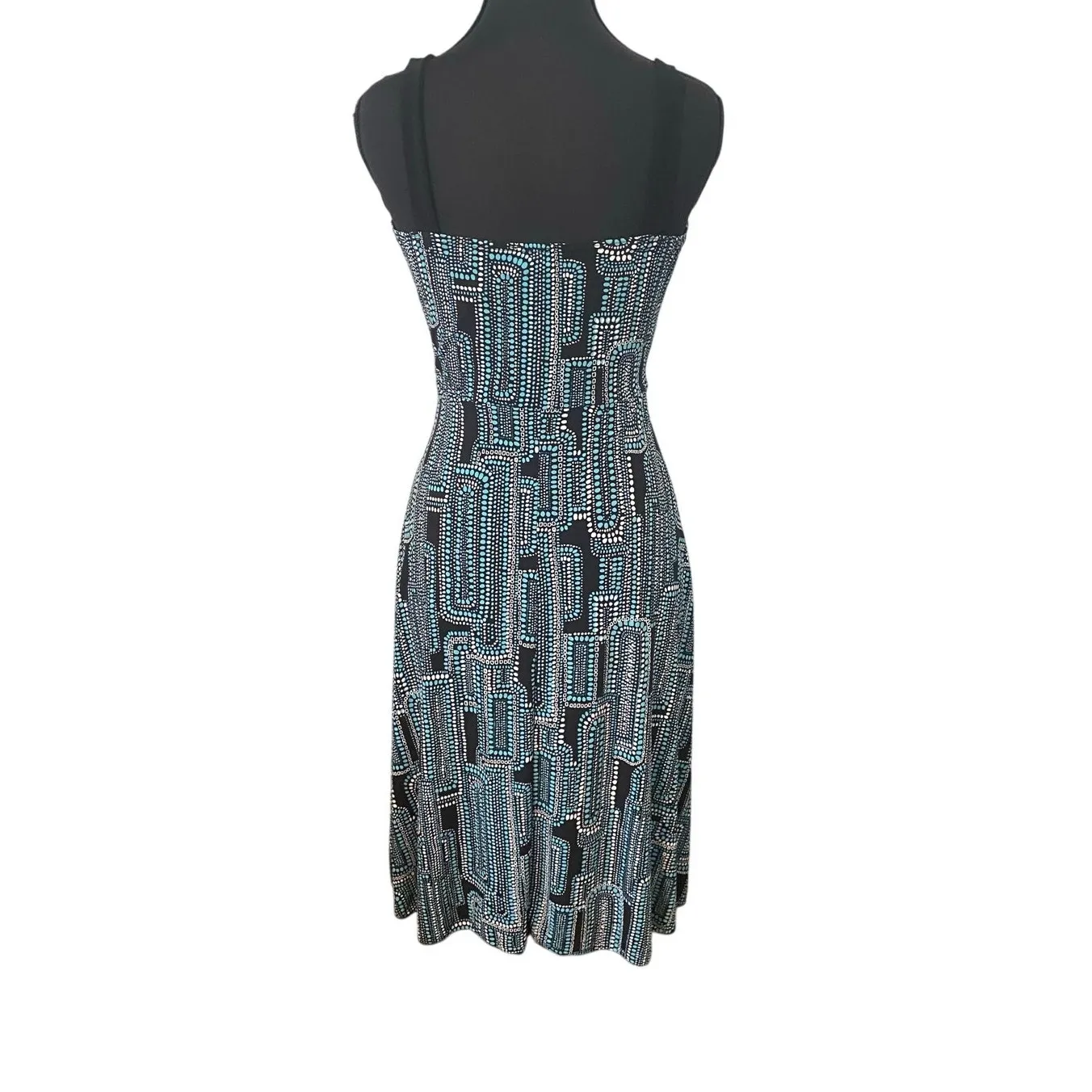 Vintage Rachel Green Y2K Teal Black Abstract Empire Waist Dress Stretchy USA Med - Image 2
