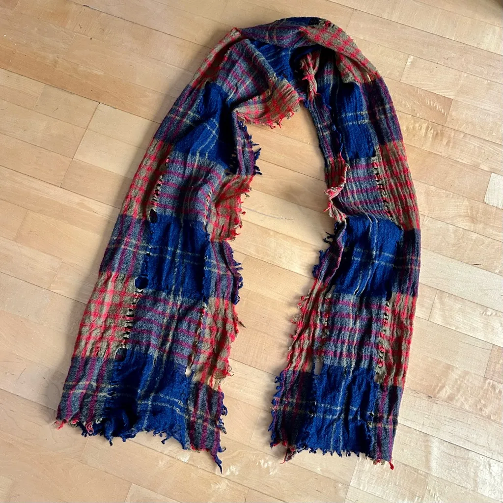 Madewell Distressed Plaid Wool Scarf, Colorful Muted Earth Tones, Unisex - Image 14