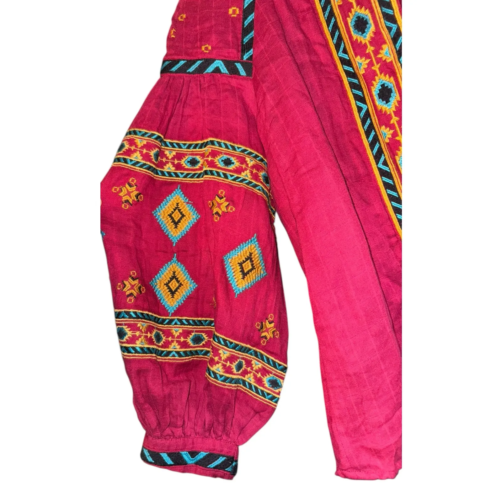 World Market Embroidered Puff Sleeve Jacket L/XL Southwestern Boho Aztec Gauzy Red - Image 4
