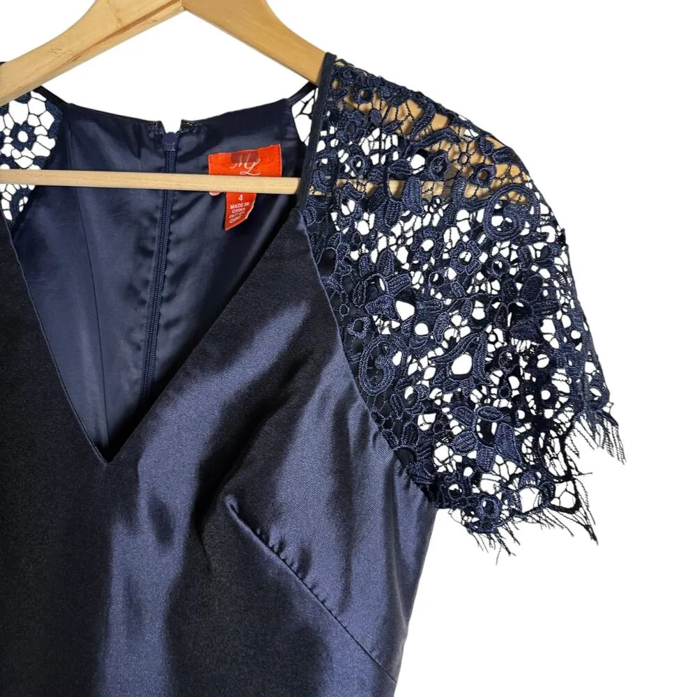 Monique Lhuillier Navy Blue Lace Satin Short Sleeve A - Image 7