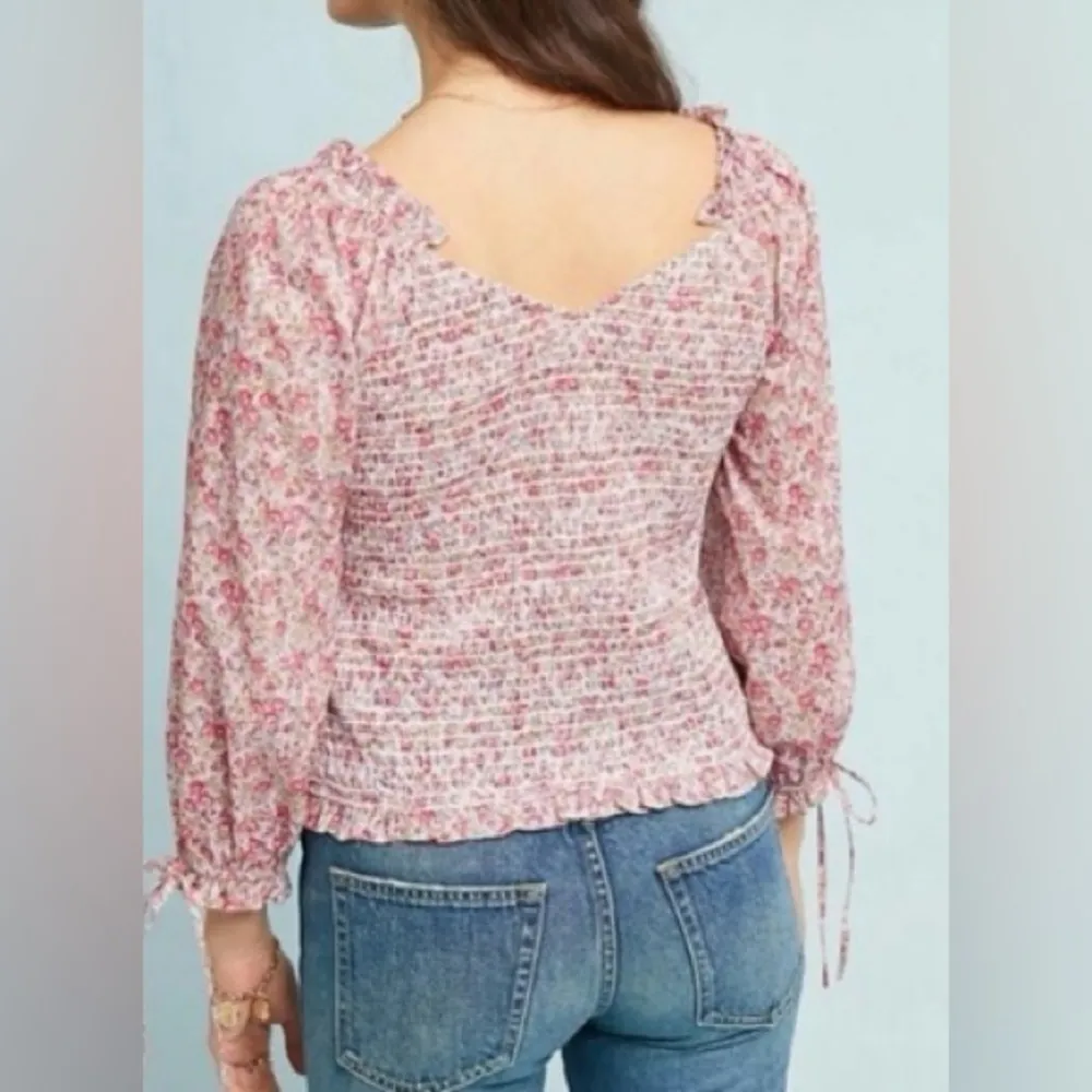 Anthropologie Ranna Gill Floral Pink Smocked Long Sleeve Blouse Size XS Feminine - Image 2