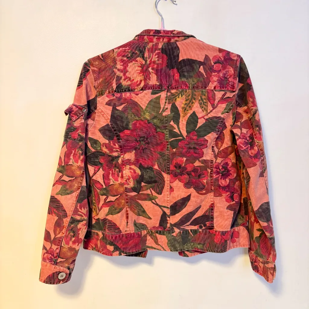 Chico’s Collared Denim Pocket Statement Jacket Orange Floral Print Womens Size 4 - Image 3