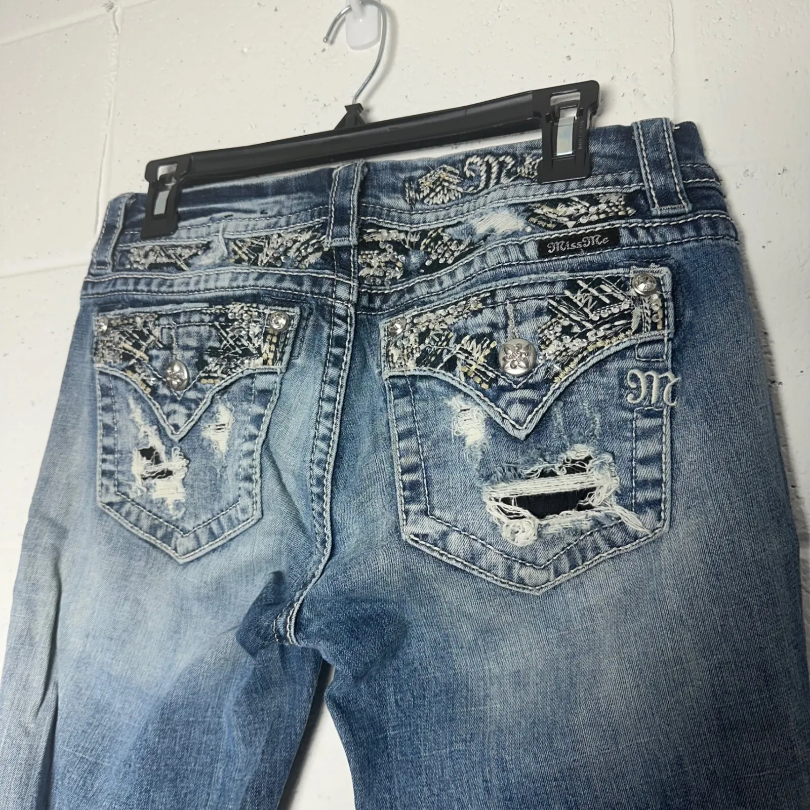 Miss Me Signature Crop Jean Rhinestone Embellished Distressed Blue Denim Size 29 - Image 2