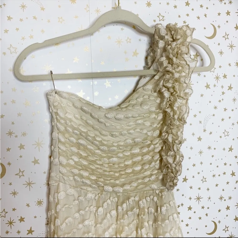 One Shoulder Ruffle Cream Mini Bubble Hem Dress - Image 20