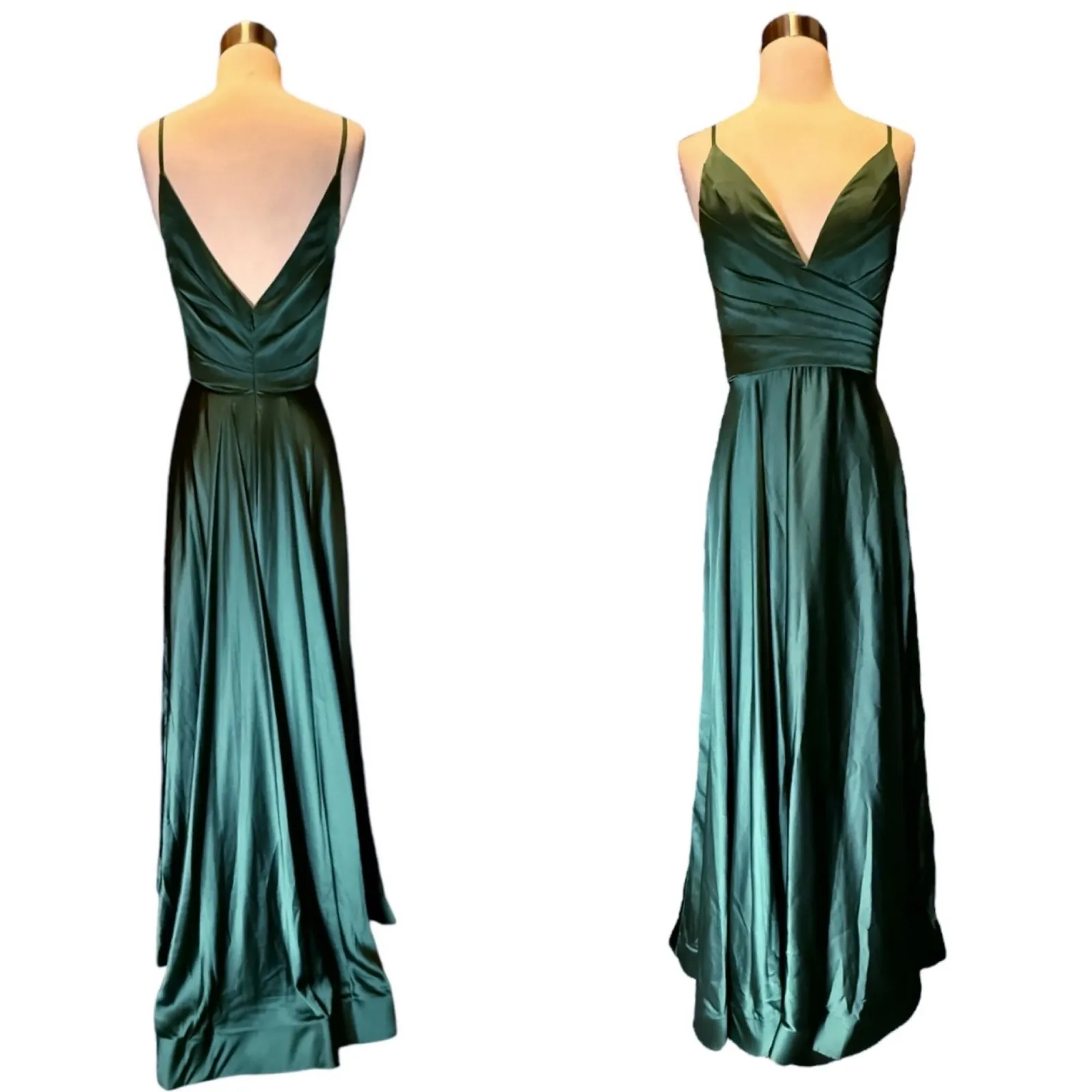 LA FEMME Emerald Green Satin Ball Gown Plunge V-Neck Dress Slit Evening 6 NWT - Image 4