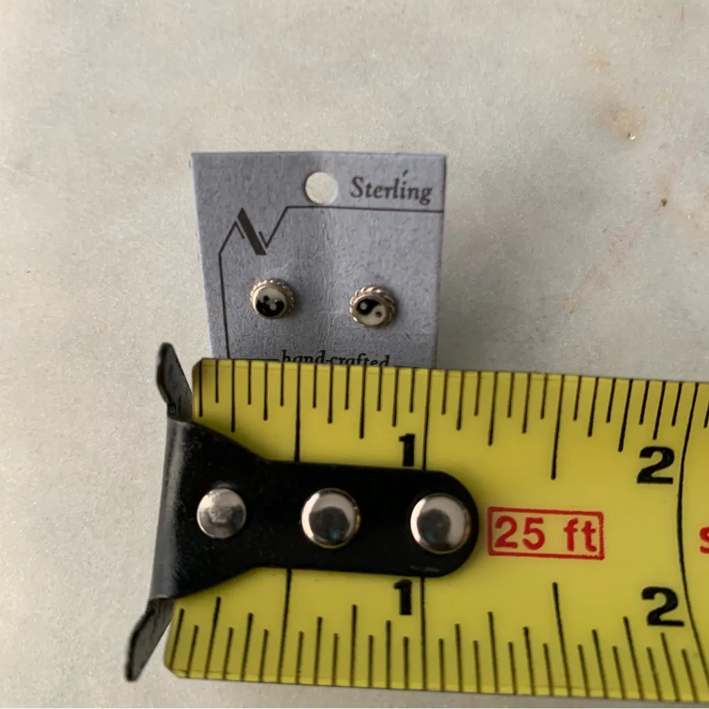 Sterling Silver Ying Yang Stud Earrings Hand Crafted Genuine Stone Dainty Black - Image 4