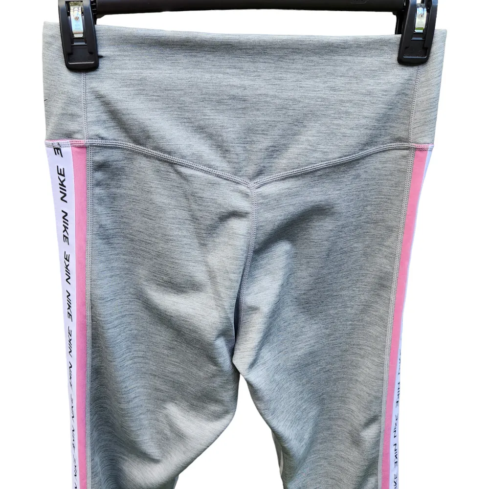 Nike Womens Medium Mid Rise Crop Length Gray Pink Logo Athletic Leggings Dri-Fit - Image 9