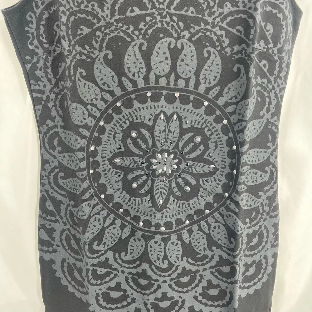 Black Medallion Print Stud Detail Knit Dress US Large New - Image 3