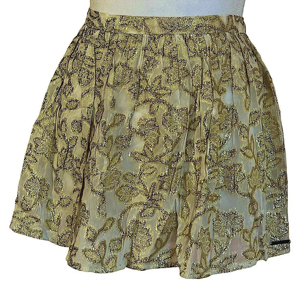 VTG Y2K Abercrombie & Fitch floral gold shiny  Xmas ruffle Mini Skirt logo NWT S - Image 2
