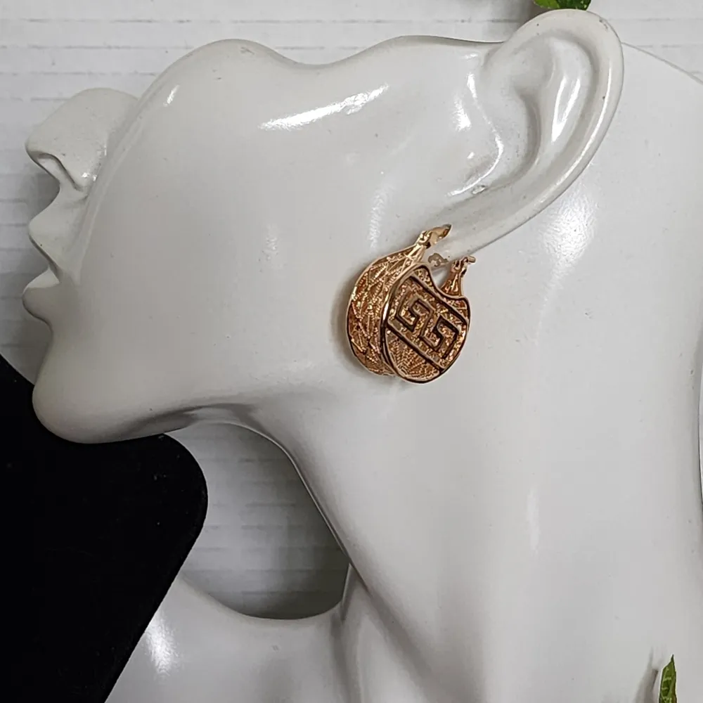 Gold Filled Basket Style Hoop Earrings Greek Key New - Image 5