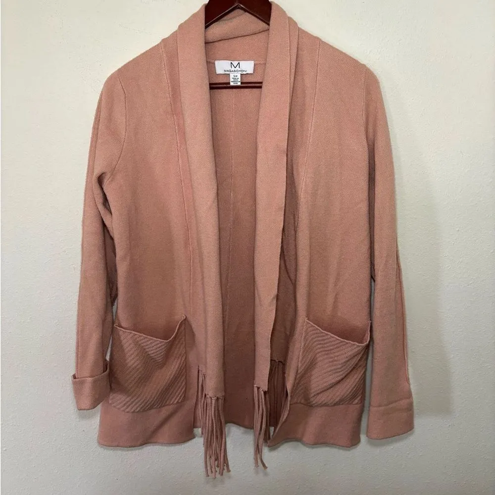 Magaschoni Open Cardigan Fringe Tassel Cozy Sweater Womens Small‎ Pink Blush - Image 3
