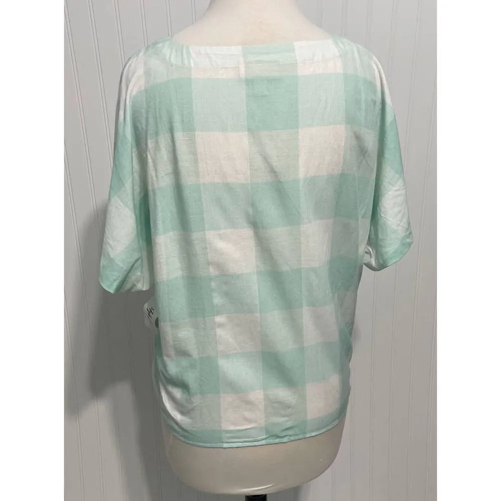 Style & Co. Gingham Tie Front Short Sleeve Button Up Linen Top Mint White Medium Green - Image 4