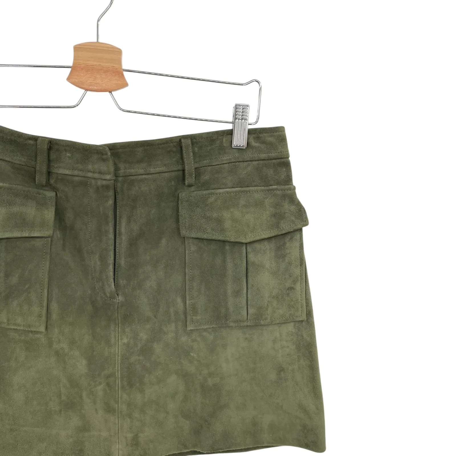 Theory Lupah Suede Mini‎ Skirt Goat Leather Army Green Size 8 - Image 5