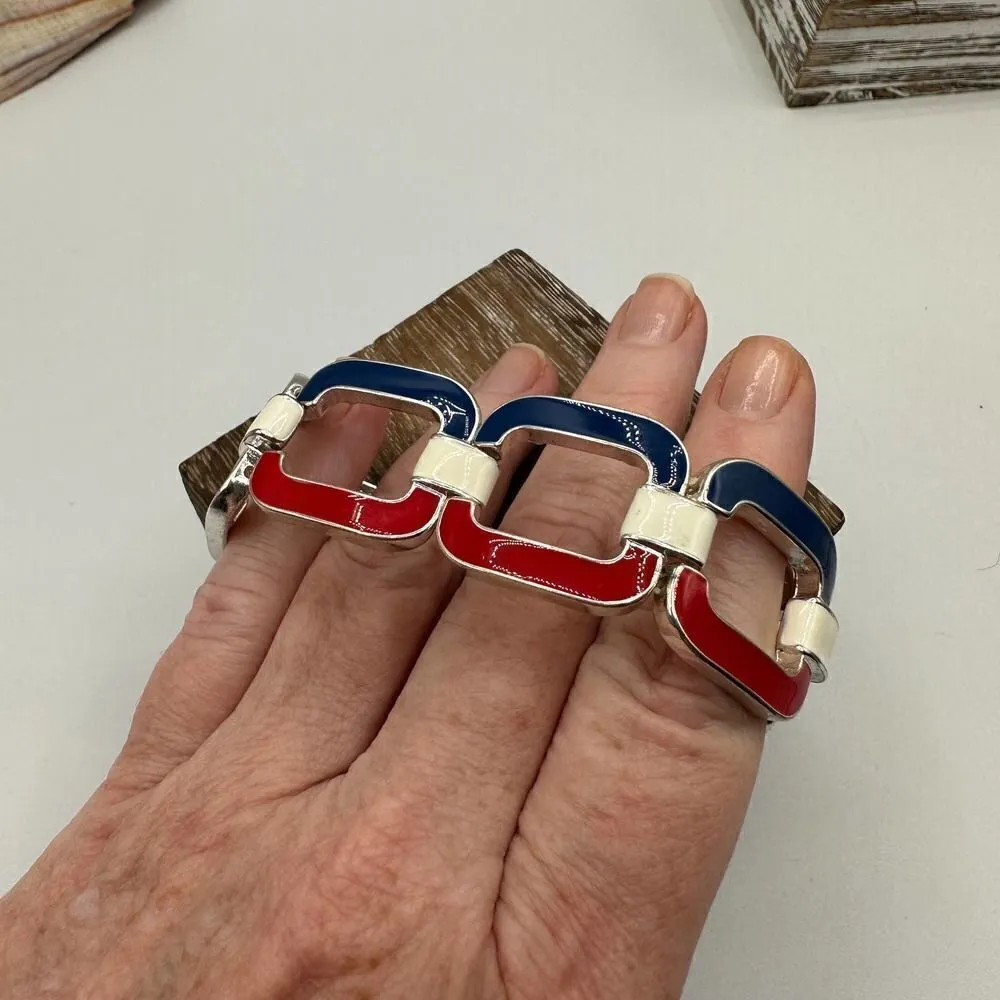 Vintage 90's Enamel Red White Blue Stretch Bracelet - Image 5