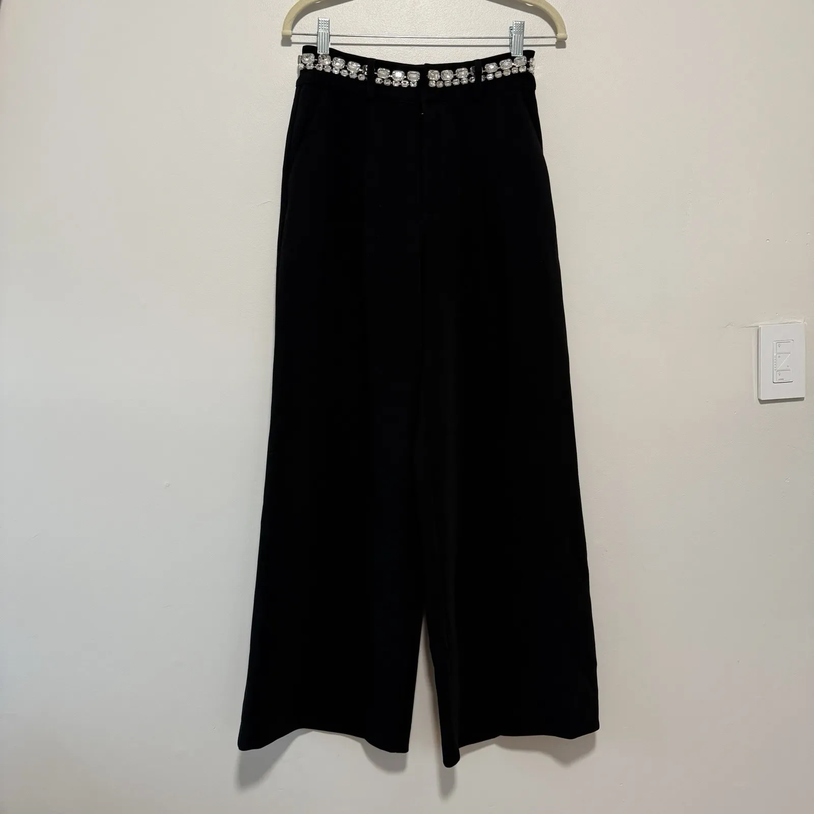 Cinq a Sept Rhinestone Chain Genna Black Crepe Wide Leg Pant Size 2 - Image 5