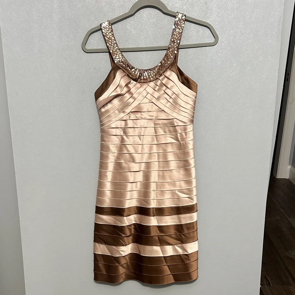 BCBGMAXAZRIA Bronze‎ & Champagne Satin Bandage Cocktail Dress - Image 2