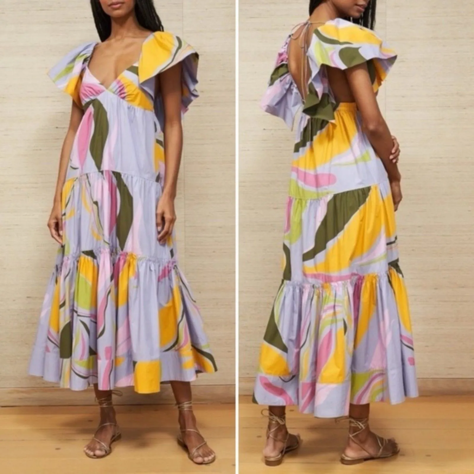 NWT La Ligne Stella Tiered Ruffle Cotton Midi Dress Lavender Swirl Size Medium Purple - Image 2