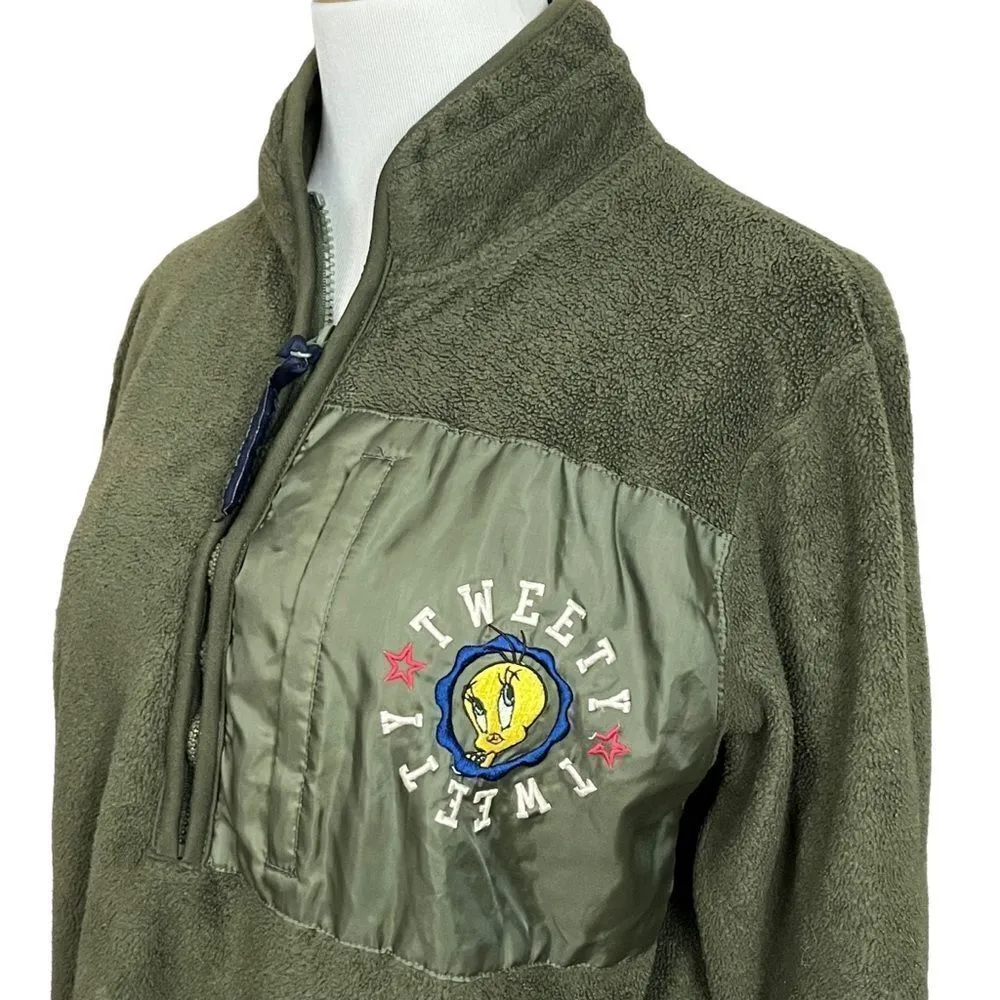 Vintage Y2K Green Looney Toons Tweety Bird Half Zip Pullover Fleece S Green - Image 5