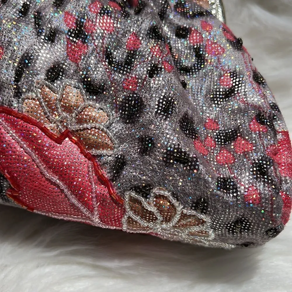 Vintage Beaded Clamshell Sparkly Purse with long Shoulder Strap B89 Gray - Image 6