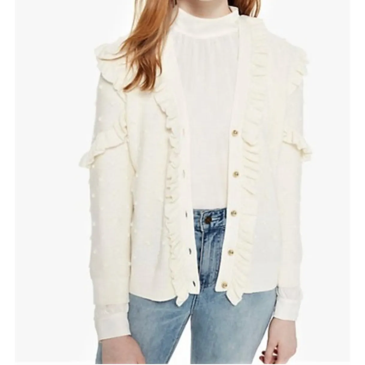 Kate Spade Wool Blend Ruffle Cardigan Sweater Cream Pom Bobble‎ Knit Small - Image 3