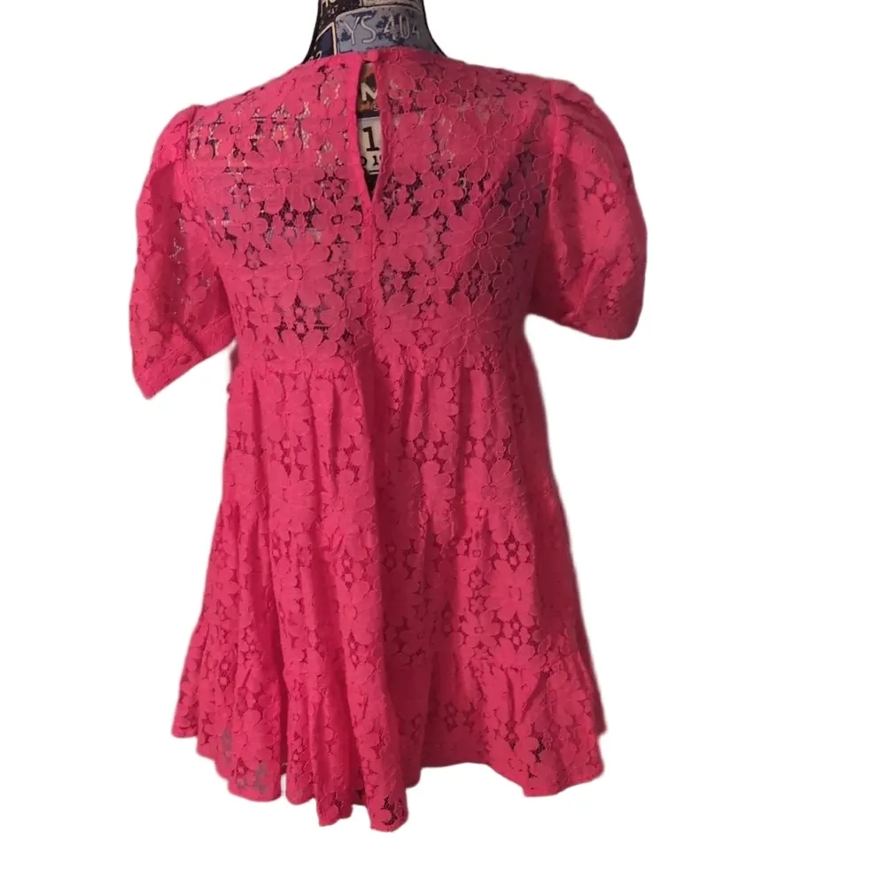 Aqua Hot Pink Short Sleeve Floral Lace Tiered Mini Dress Size XS - Image 10