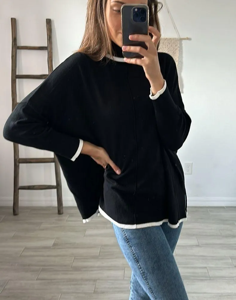 ADRIANNA PAPELL Tipped Turtleneck Sweater In Black/ Size Small - Image 3