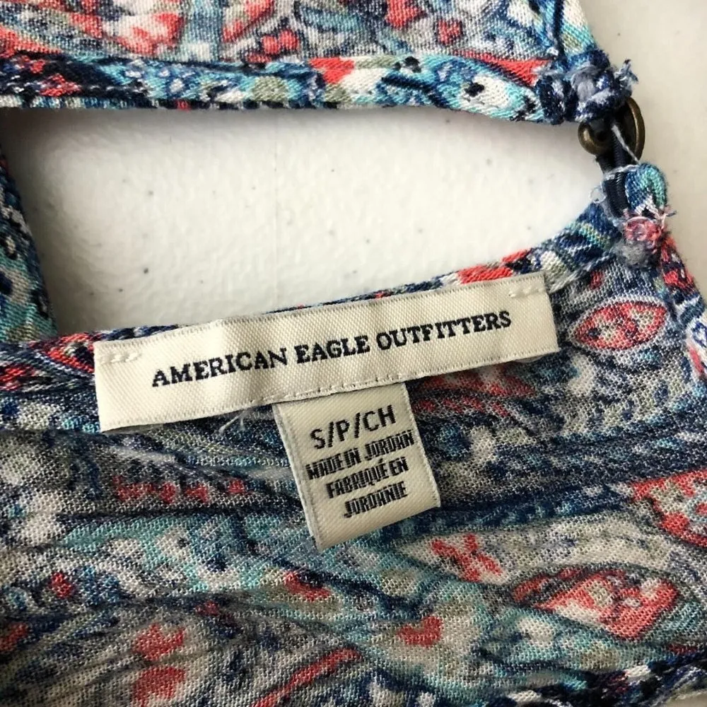 American Eagle Mini Dress Sleeveless Keyhole Back Paisley Blue Red S - Image 3