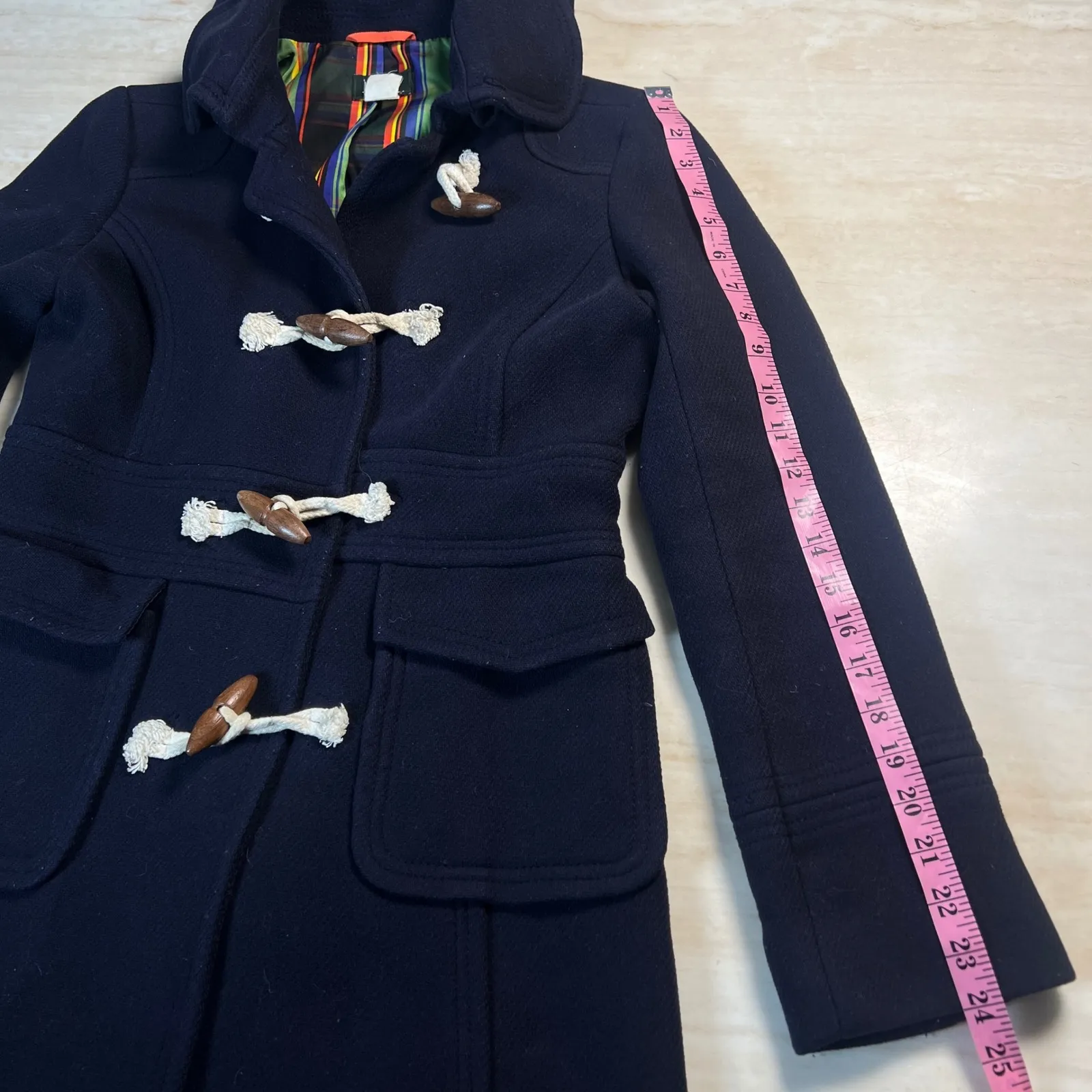 J Crew Navy Wool Blend Hooded Duffle Coat Toggle Buttons Size 4 - Image 10