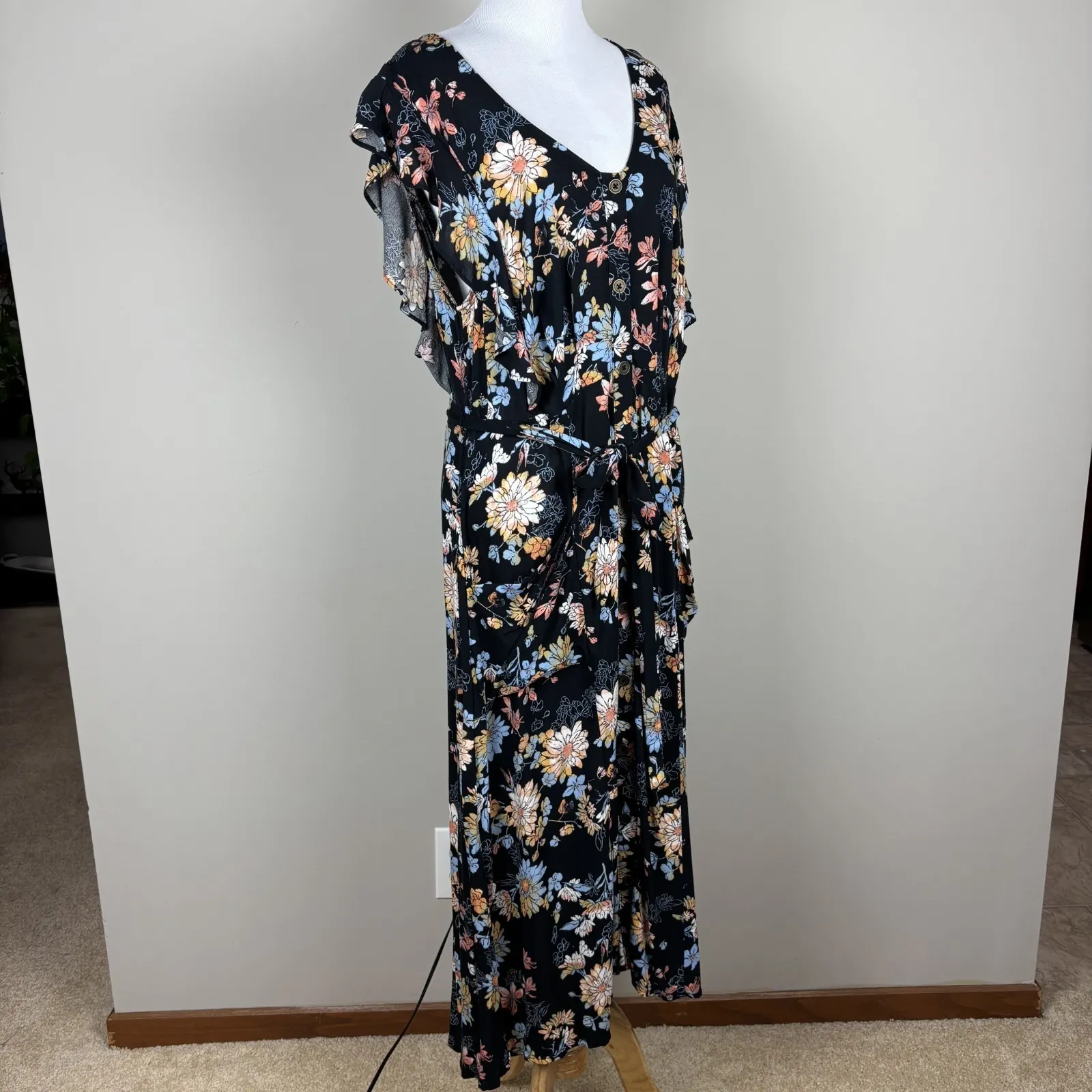 Xhilaration Midi Dress Womens Large Moody Floral Button Up Belted Flutter Sleeve - Image 11