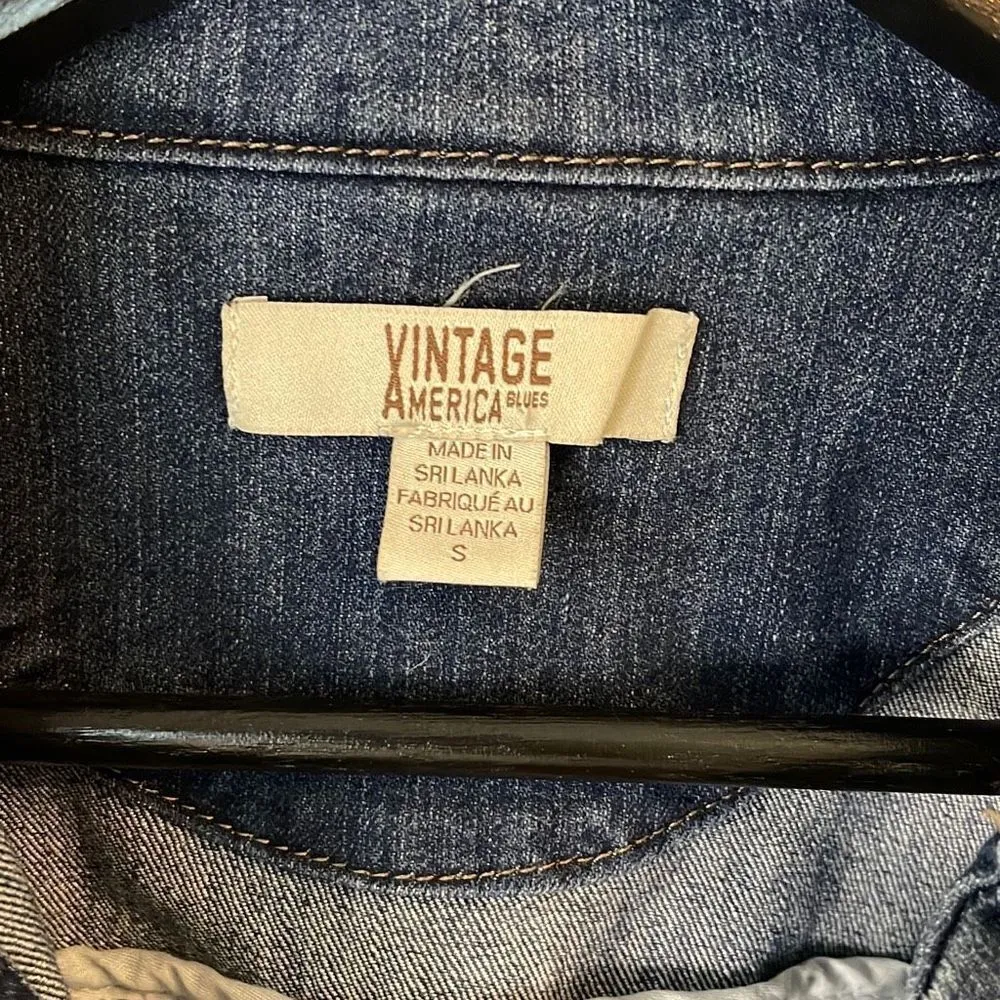 Vintage America Blues Womens Jean Jacket Button Up Denim Pocket Crop Blue Small - Image 5