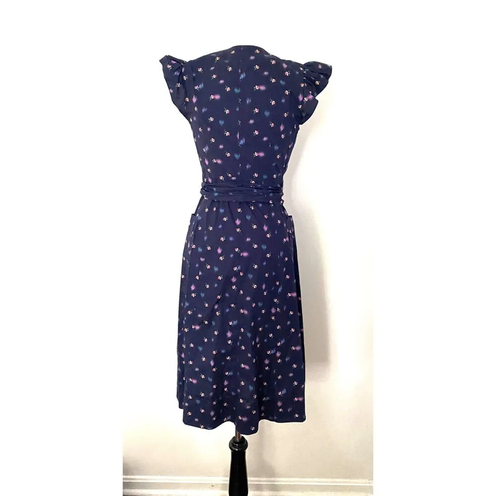 Rebecca Taylor Farren Blue Flower Print Wrap Ruffle Cap Sleeves Midi Dress Sz 2 - Image 4