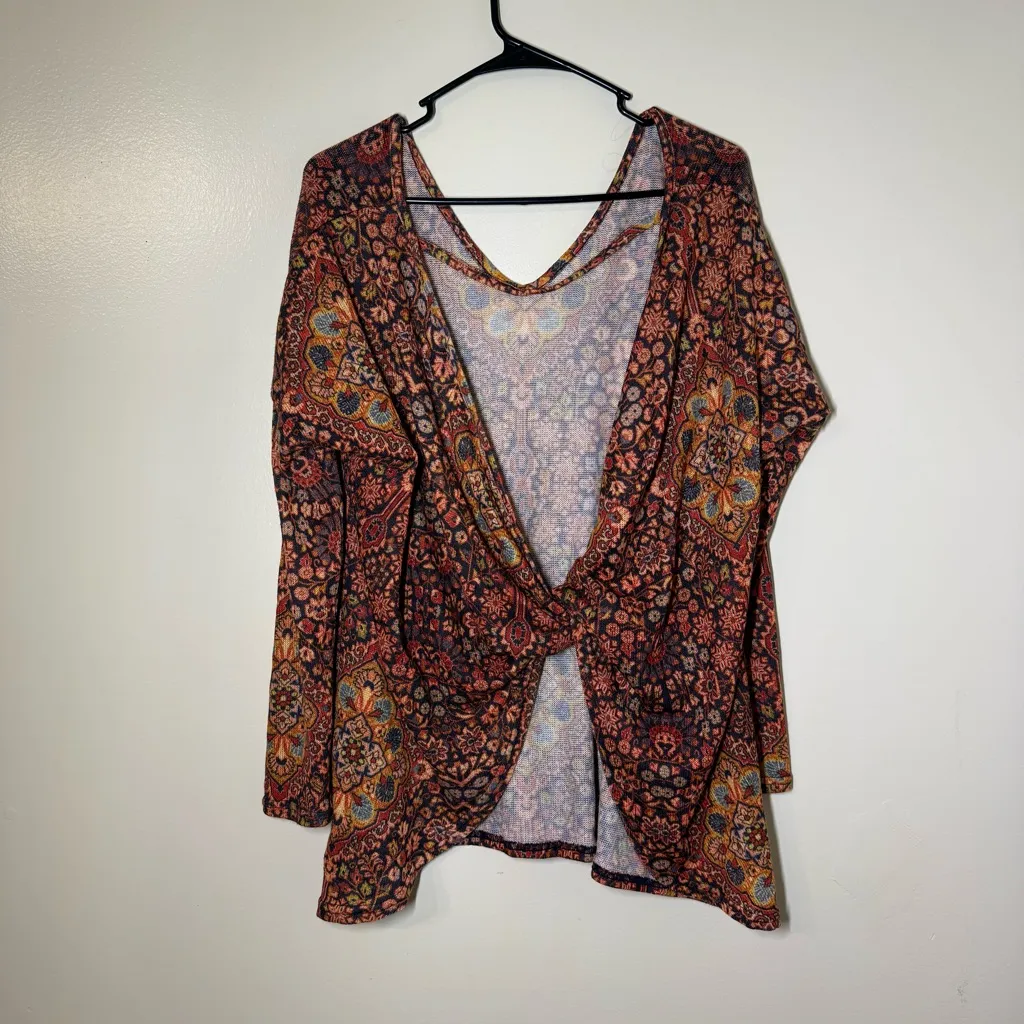 Judith March Bohemian Orange and Brown V-Neck Blouse - Image 2