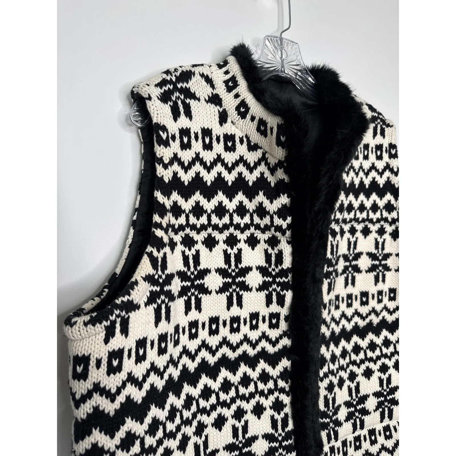 NWT Talbots Black White Knit Faux Fur Trim open front Vest fair Isle 2X - Image 10