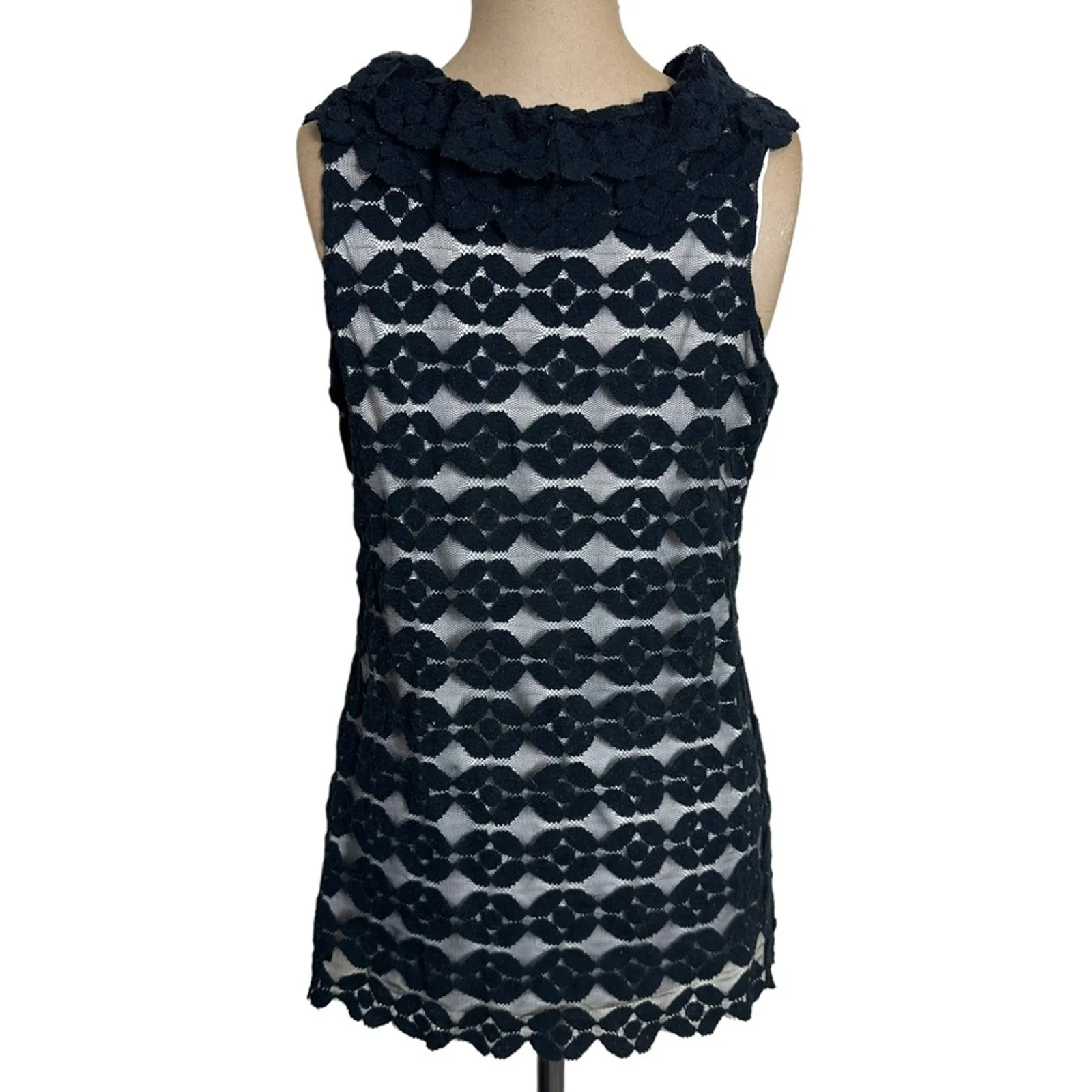 Cynthia Rowley Blouse Ruffle Neckline Black Lace Sleeveless Cotton size Small - Image 6