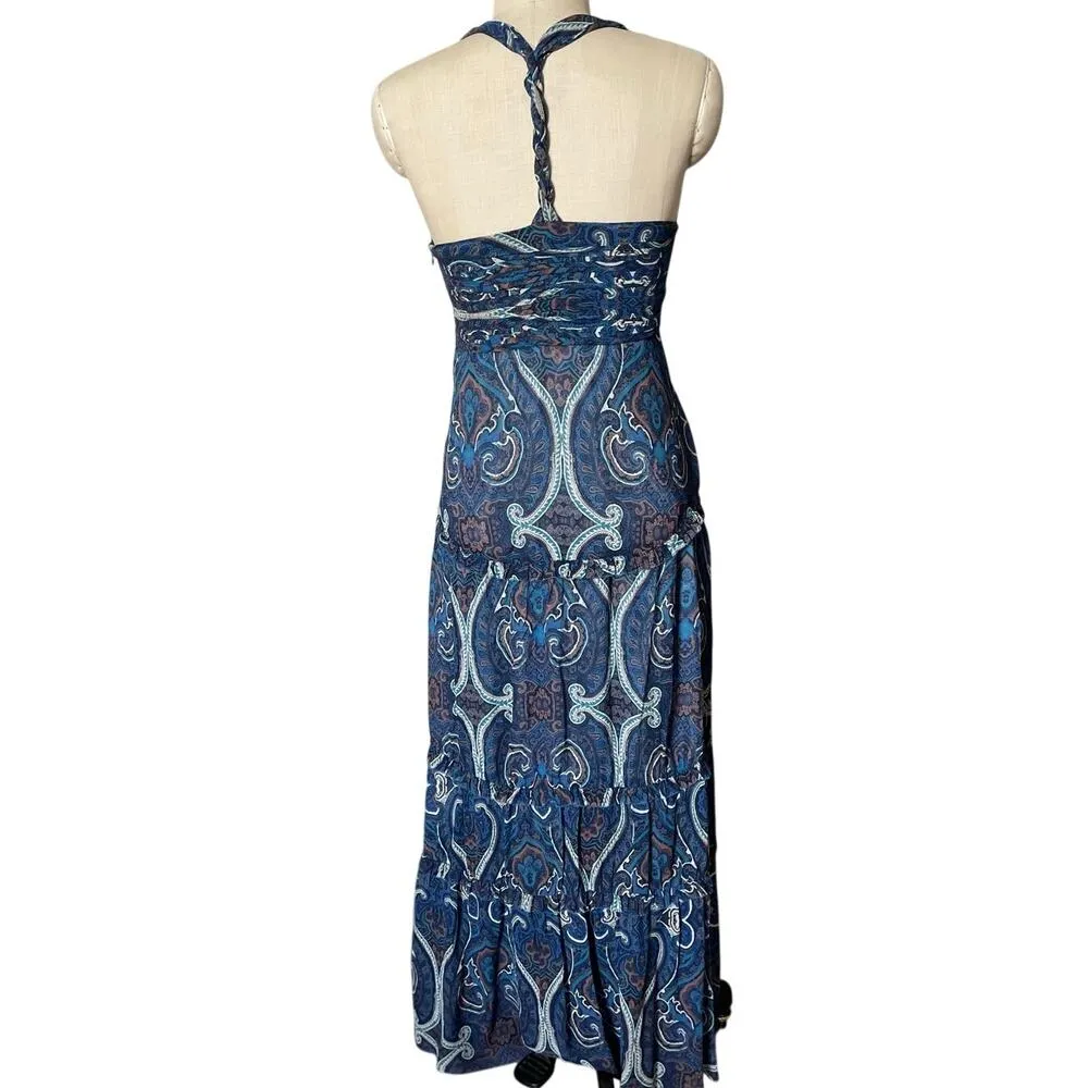 Intermix Mury 100% Silk Paisley Print Tiered Maxi Dress in Blue Boho Size Small - Image 3