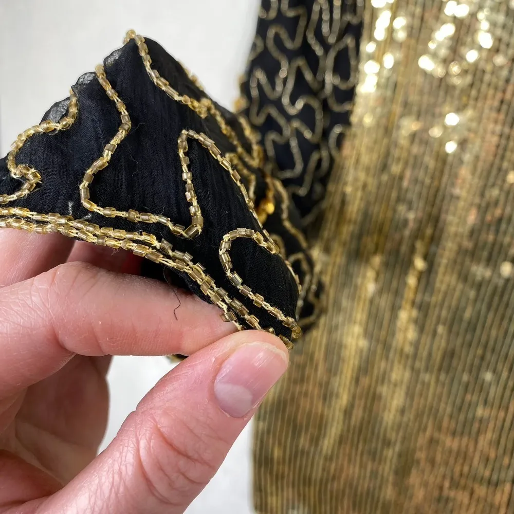 Vintage 80s Jean for Joseph Le Bon Gold and Black Sequin Floral Beaded Top Small - Image 5