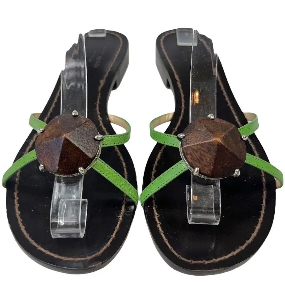 Kate Spade Green Leather Flat Sandals with wooden center ornament. - Image 11