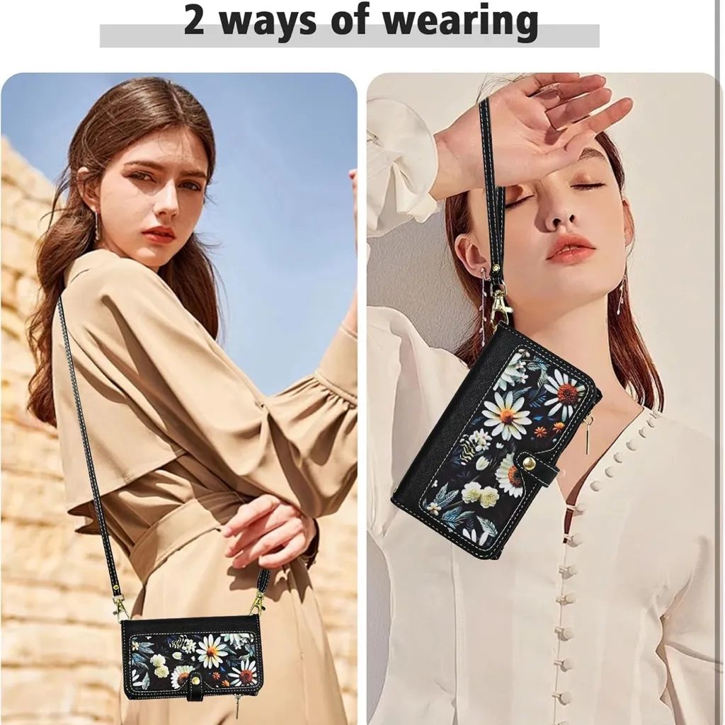 Samsung Galaxy A14 M14 5G Wallet Case Floral Wristlet Black Card Holder FC5 - Image 8