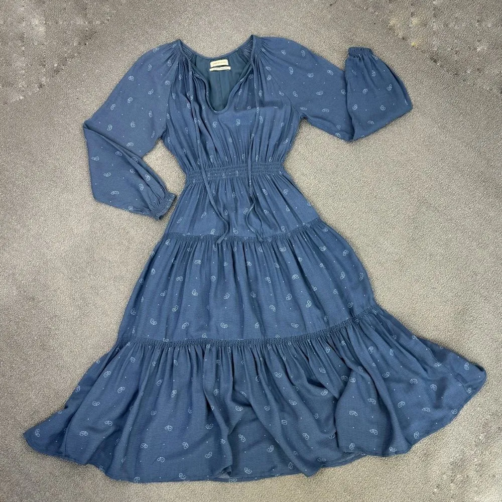 Urban Outfitters Reese Midi Dress Paisley Tiered Smocked Blue Small Long Sleeve - Image 15