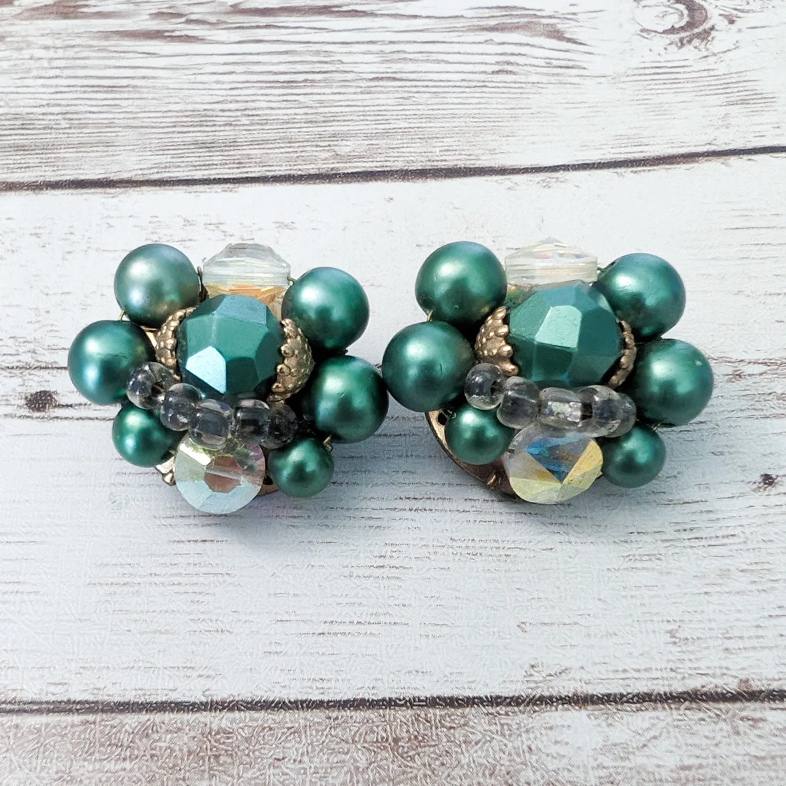 Vintage Clip On Earrings 1 & 1/8" Green Cluster with Accents - Image 2
