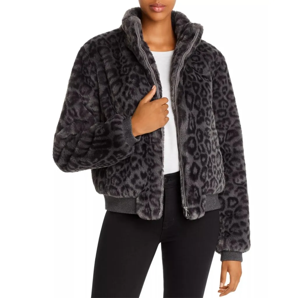 Generation Love Heidi Leopard Faux Fur Bomber Jacket Charcoal Gray Size S - Image 2