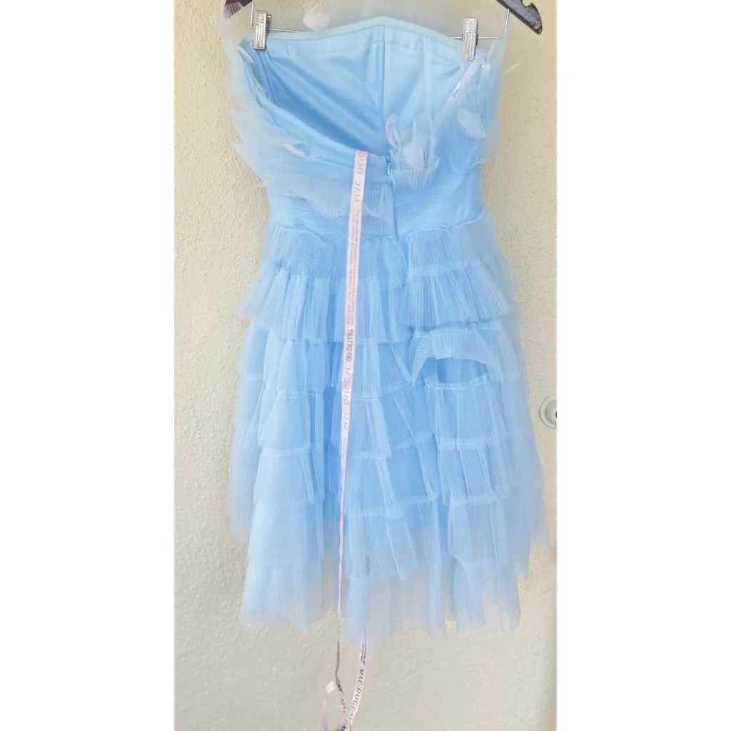 Mac Duggal Baby Blue Feathers Tulle Strapless Fit Flare Mini Dress Size 4 Party - Image 8