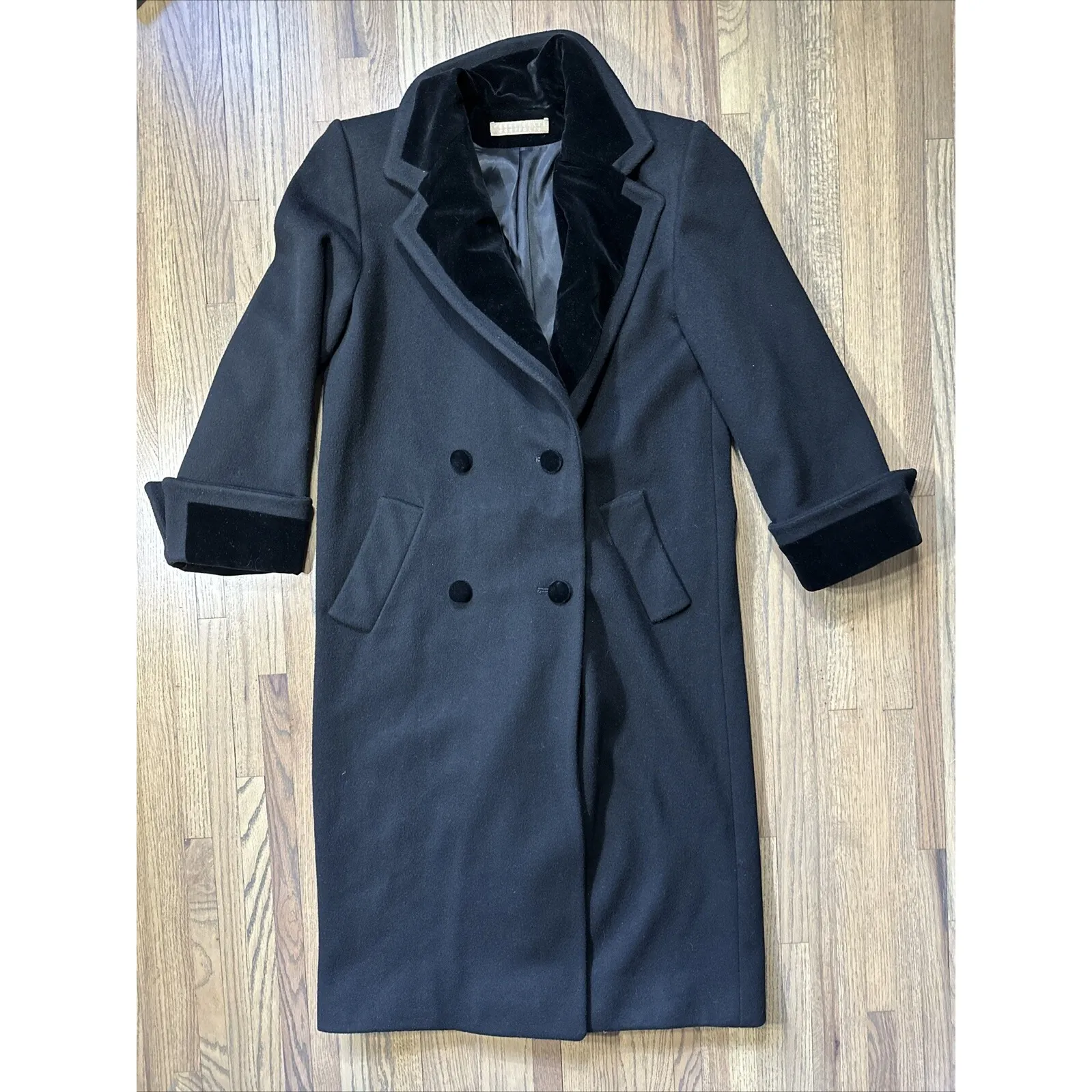 PERRY ELLIS Saks Fifth Avenue Vintage Black Wool Full Length Jacket Trench Coat - Image 2