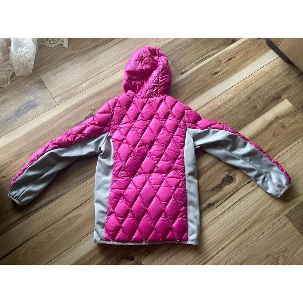 Gerry Puffer Jacket Hooded Down 650 Fill Girls Large 14 / 16 Pink Grey Full Zip - Image 9