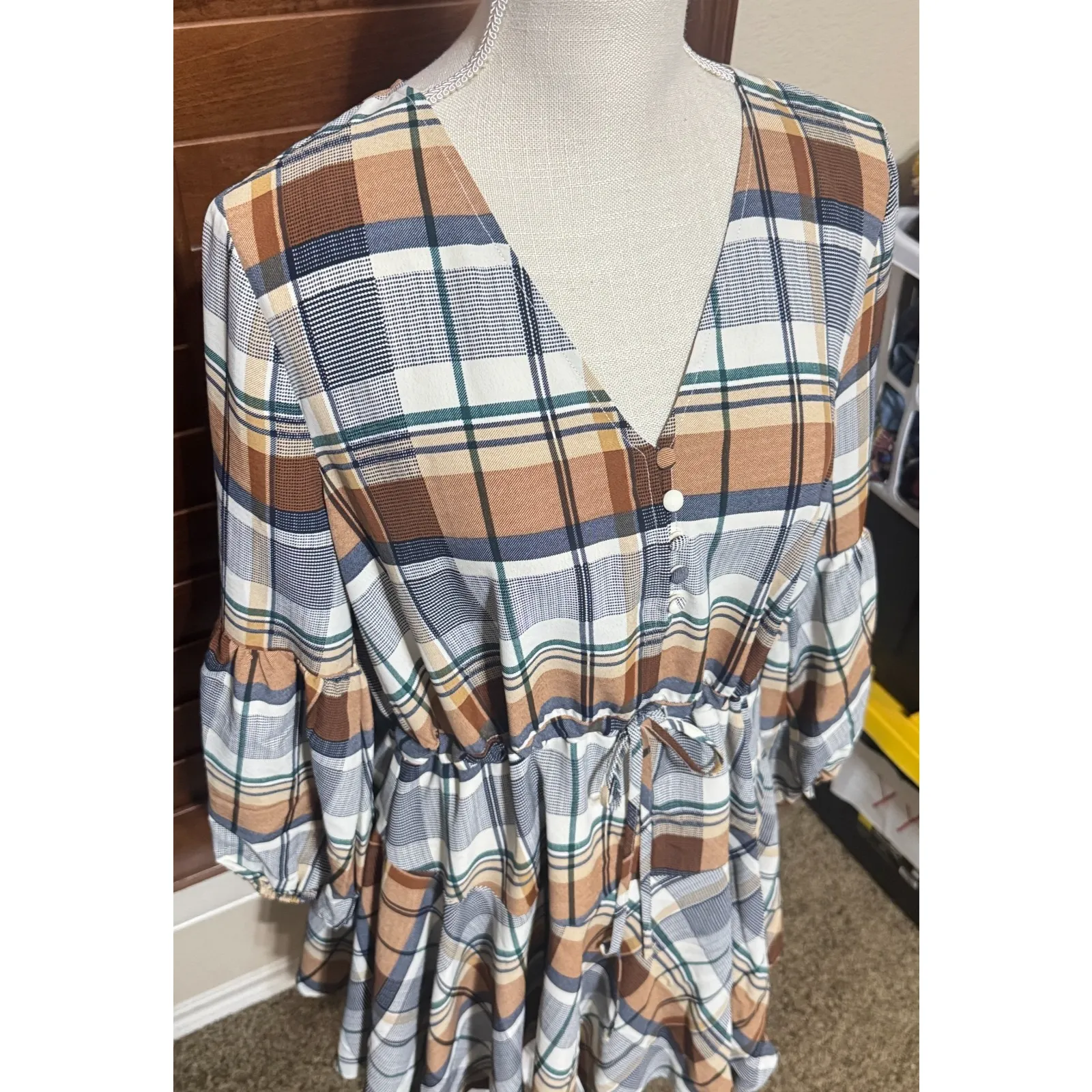 Entro Fall Plaid Button Flare Dress Size M academia school Country cottage - Image 2