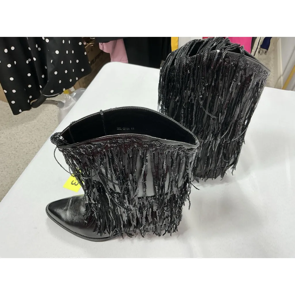 Womans HiColor Midcalf Western Style Boots Pullon 11 Black Block Heel Sequins - Image 2