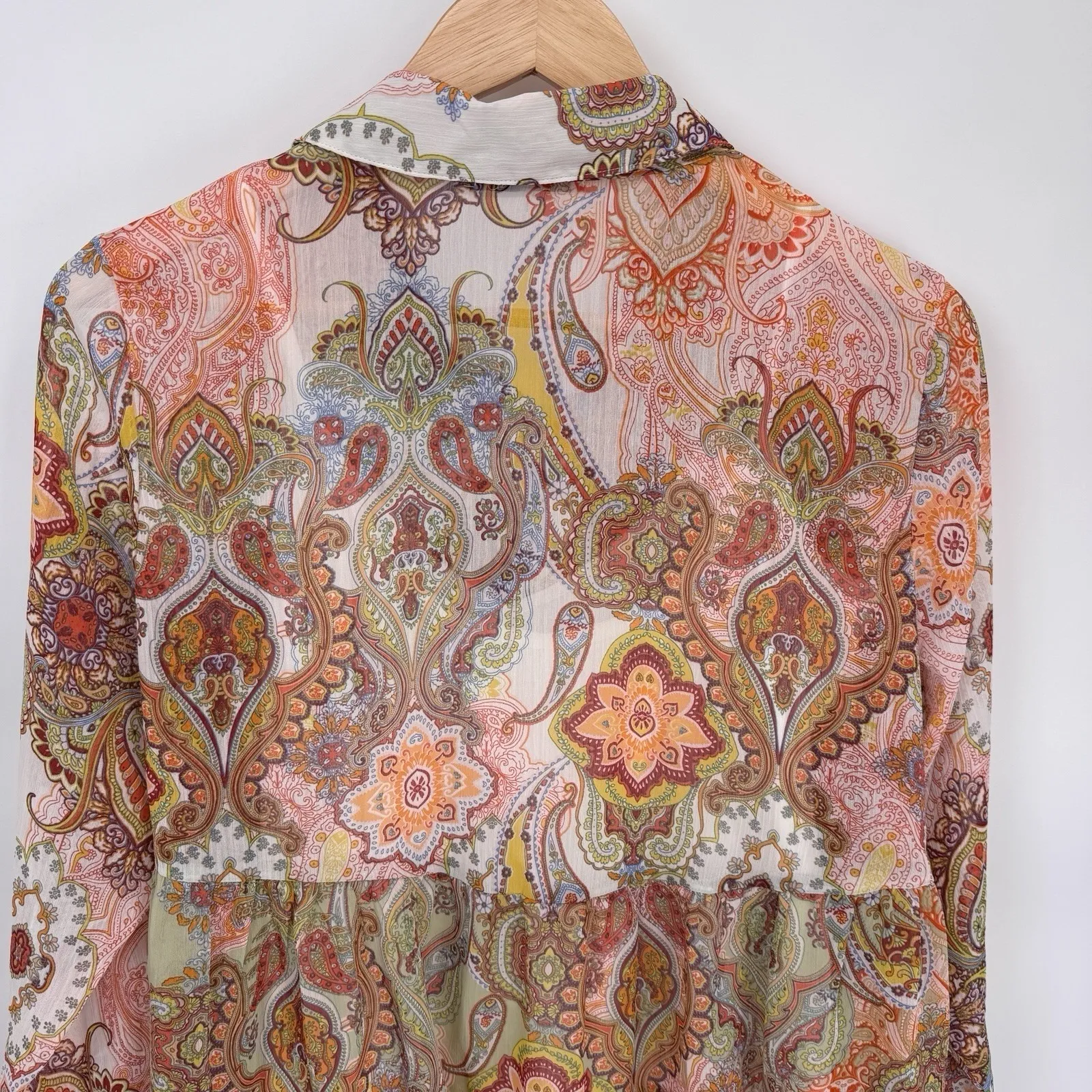 Figueroa & Flower Sheer Button Front Lined Top Womens Small Orange Mandala Print - Image 10